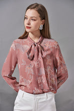 Load image into Gallery viewer, 100% Silk Women&#39;s Shirt Bow Collar Long Sleeves Floral Printed Fashion Blouse Camisa Tops
