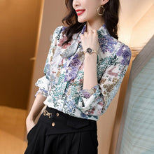 Load image into Gallery viewer, 100% Silk Women&#39;s Shirt Lace Up Bow Collar Long Sleeves Printed Elegant Blouse Fashion Tops
