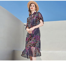 Muatkan imej ke dalam penonton Galeri, 100% Silk Women&#39;s Runway Dresses Turn Down Collar Short Sleeves Bow Detailing Printed Fashion Casual Dresses
