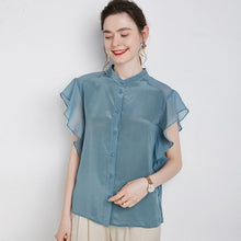 Muatkan imej ke dalam penonton Galeri, 100% Silk Women&#39;s Shirt O Neck Short Flare Sleeves Ruffles Fashion Casual Blouse Tops
