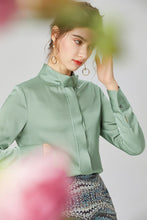 Muatkan imej ke dalam penonton Galeri, 100% Heavy Silk Women&#39;s Shirt Stand Collar Long Sleeves  Color Block Elegant Casual High Quality Blouse Tops
