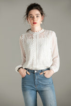 Muatkan imej ke dalam penonton Galeri, 100% Silk Women&#39;s Runway Shirt Stand Collar Long Sleeves Embroidery Lace Elegant Pullover Fashion Blouse Shirt
