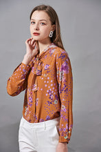 Load image into Gallery viewer, 100% Natural Silk Women&#39;s Shirt Bow Collar Long Sleeves Floral Printed Fashion Blouse Camisa Tops
