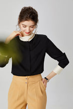 Muatkan imej ke dalam penonton Galeri, 100% Heavy Silk Women&#39;s Shirt Stand Collar Long Sleeves  Color Block Elegant Casual High Quality Blouse Tops
