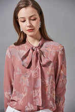 Load image into Gallery viewer, 100% Silk Women&#39;s Shirt Bow Collar Long Sleeves Floral Printed Fashion Blouse Camisa Tops
