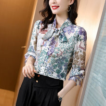 Load image into Gallery viewer, 100% Silk Women&#39;s Shirt Lace Up Bow Collar Long Sleeves Printed Elegant Blouse Fashion Tops
