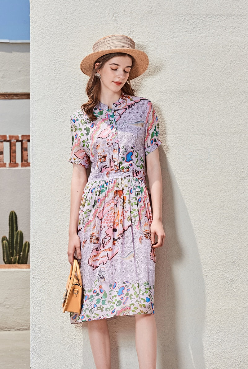 100% Silk Women's Runway Dresses O Neck Short Sleeves Ruched Printed Fashion Casual Summer Dresses