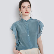 Muatkan imej ke dalam penonton Galeri, 100% Silk Women&#39;s Shirt O Neck Short Flare Sleeves Ruffles Fashion Casual Blouse Tops
