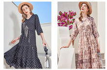 Load image into Gallery viewer, 100% Silk Women&#39;s Runway Dresses V Neck 3/4 Sleeves Printed Ruffles Ruched Fashion Holiday Dresses
