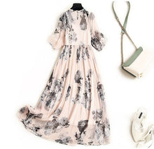 Muatkan imej ke dalam penonton Galeri, 100% Natural Silk Women&#39;s Dresses O Neck Short Sleeves Printed Fashion Summer Holiday Dress
