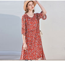 Load image into Gallery viewer, 100% Silk Women&#39;s Runway Dresses O Neck Half Sleeves Ruched Printed Fashion Holiday Dresses
