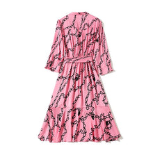 Muatkan imej ke dalam penonton Galeri, 100% Natural Silk Women&#39;s Dresses Sexy V Neck 3/4 Sleeves Lace Up Bow Printed Asymmetrical Ruffles Fashion Casual Dress Vestido
