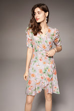 Muatkan imej ke dalam penonton Galeri, 100% Natural Silk Women&#39;s Dresses V Neck Short Sleeves Draped Floral Printed Fashion Summer Dress Vestidos
