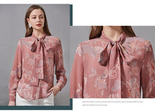 Load image into Gallery viewer, 100% Silk Women&#39;s Shirt Bow Collar Long Sleeves Floral Printed Fashion Blouse Camisa Tops
