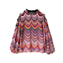 Muatkan imej ke dalam penonton Galeri, 100% Silk Women&#39;s Shirt  Ruffled Collar Long Lantern Sleeves Waves Printed Piping Fashion Casual Blouse
