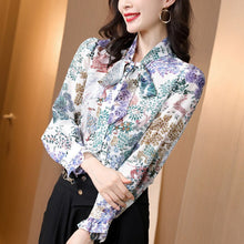 Load image into Gallery viewer, 100% Silk Women&#39;s Shirt Lace Up Bow Collar Long Sleeves Printed Elegant Blouse Fashion Tops
