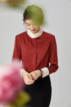 Muatkan imej ke dalam penonton Galeri, 100% Heavy Silk Women&#39;s Shirt Stand Collar Long Sleeves  Color Block Elegant Casual High Quality Blouse Tops
