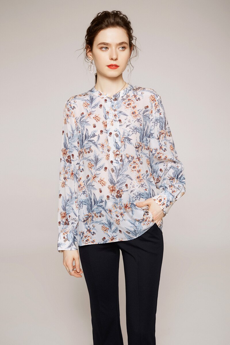 100% Silk Women's Shirt O Neck Long Sleeves Printed Loose Design Fashion Casual Blouse Shirt