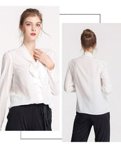 Load image into Gallery viewer, 100% Silk Women&#39;s Shirt Bow Collar Long Sleeves Elegant Casual High Street Blouse Shirt
