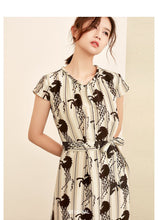 Load image into Gallery viewer, 100% Silk Women&#39;s Dress O Neck Short Sleeves Sash Belt Animals Printed Fashion Casual Mid Runway Dresses
