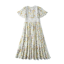 Muatkan imej ke dalam penonton Galeri, 100% Silk Women&#39;s Runway Dresses V Neck Short Sleeves Embroidery Lace Patchwork Printed Fashion Mid Casual Dresses
