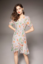 Muatkan imej ke dalam penonton Galeri, 100% Natural Silk Women&#39;s Dresses V Neck Short Sleeves Draped Floral Printed Fashion Summer Dress Vestidos
