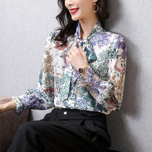 Load image into Gallery viewer, 100% Silk Women&#39;s Shirt Lace Up Bow Collar Long Sleeves Printed Elegant Blouse Fashion Tops
