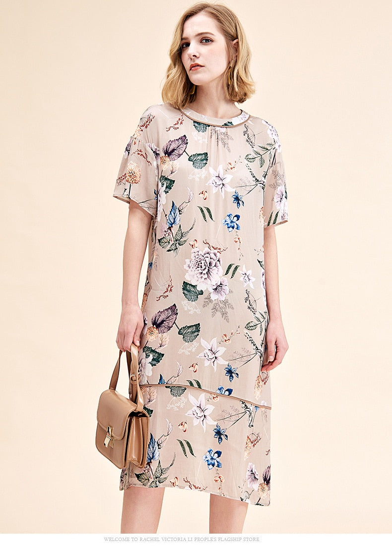 100% Natural Silk Women's Runway Dresses O Neck Short Sleeves Floral printed Elegant Fashion Summer Dresses