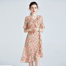 Load image into Gallery viewer, 100% Silk Women&#39;s Runway Dresses Sexy V Neck Short Flare Sleeves Ruffles Floral Printed Asymmetrical Fashion Casual Dresses
