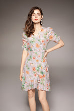 Muatkan imej ke dalam penonton Galeri, 100% Natural Silk Women&#39;s Dresses V Neck Short Sleeves Draped Floral Printed Fashion Summer Dress Vestidos
