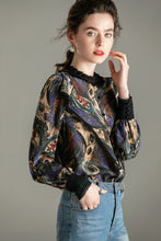 Muatkan imej ke dalam penonton Galeri, 100% Pure Silk Women&#39;s Designer Shirts Ruffled Collar Long Sleeves Printed Patchwork Elegant Pullover Blouse Shirt
