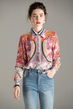 Muatkan imej ke dalam penonton Galeri, 100% Natural Silk Women&#39;s Runway Shirt Turn Down Collar Printed Long Sleeves Fashion Floral Blouse Shirt
