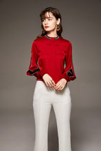 Muatkan imej ke dalam penonton Galeri, 97% Silk 3% Spandex Women&#39;s Shirt Stand Collar Beaded Long Piping Lantern Sleeves Fashion Pullover Blouse Camisa Tops
