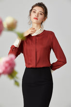 Muatkan imej ke dalam penonton Galeri, 100% Heavy Silk Women&#39;s Shirt Stand Collar Long Sleeves  Color Block Elegant Casual High Quality Blouse Tops
