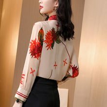 Muatkan imej ke dalam penonton Galeri, 100% Silk Women&#39;s Shirt Turn Down Collar Lace Up Bow Floral Printed Striped Fashion Casual Blouse Tops
