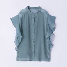 Muatkan imej ke dalam penonton Galeri, 100% Silk Women&#39;s Shirt O Neck Short Flare Sleeves Ruffles Fashion Casual Blouse Tops
