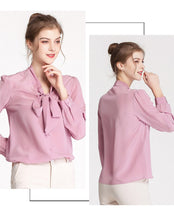 Load image into Gallery viewer, 100% Silk Women&#39;s Shirt Bow Collar Long Sleeves Elegant Casual High Street Blouse Shirt
