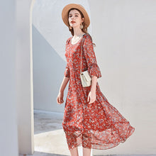 Load image into Gallery viewer, 100% Silk Women&#39;s Runway Dresses O Neck Half Sleeves Ruched Printed Fashion Holiday Dresses
