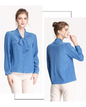 Load image into Gallery viewer, 100% Silk Women&#39;s Shirt Bow Collar Long Sleeves Elegant Casual High Street Blouse Shirt
