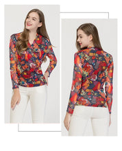 Muatkan imej ke dalam penonton Galeri, 100% Pure Silk Women&#39;s Runway Shirts Sexy V Neck Long Sleeves Printed Criss Cross Elegant Knitted Silk Blouse
