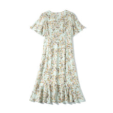 Muatkan imej ke dalam penonton Galeri, 100% Silk Women&#39;s Runway Dresses Lace Up Bow Collar Short Sleeves Ruffles Printed Fashion Casual Summer Dresses
