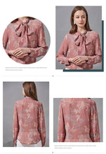 Load image into Gallery viewer, 100% Silk Women&#39;s Shirt Bow Collar Long Sleeves Floral Printed Fashion Blouse Camisa Tops
