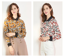 Load image into Gallery viewer, 100% Pure Silk Women&#39;s Runway Shirts Turn Down Collar Printed Long Sleeves Elegant Fashion Casual Shirts Blouses in Two Colors
