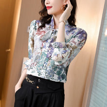 Load image into Gallery viewer, 100% Silk Women&#39;s Shirt Lace Up Bow Collar Long Sleeves Printed Elegant Blouse Fashion Tops
