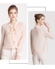 Load image into Gallery viewer, 100% Silk Women&#39;s Shirt Bow Collar Long Sleeves Elegant Casual High Street Blouse Shirt
