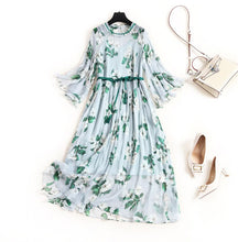 Muatkan imej ke dalam penonton Galeri, 100% Natural Silk Women&#39;s Dresses O Neck 3/4 Flare Sleeves Printed Ruffles Fashion Summer Dress
