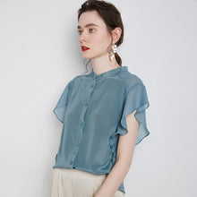 Muatkan imej ke dalam penonton Galeri, 100% Silk Women&#39;s Shirt O Neck Short Flare Sleeves Ruffles Fashion Casual Blouse Tops
