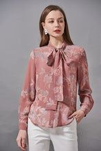 Load image into Gallery viewer, 100% Silk Women&#39;s Shirt Bow Collar Long Sleeves Floral Printed Fashion Blouse Camisa Tops
