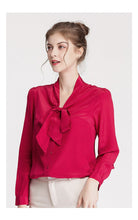 Load image into Gallery viewer, 100% Silk Women&#39;s Shirt Bow Collar Long Sleeves Elegant Casual High Street Blouse Shirt
