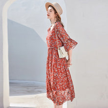 Muatkan imej ke dalam penonton Galeri, 100% Silk Women&#39;s Runway Dresses O Neck Half Sleeves Ruched Printed Fashion Holiday Dresses
